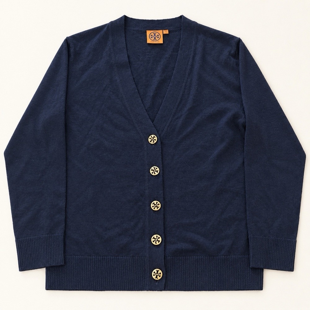 Tory Burch Cardigan Womens M Navy Blue 100% Merino Wool Gold Logo Button Sweater